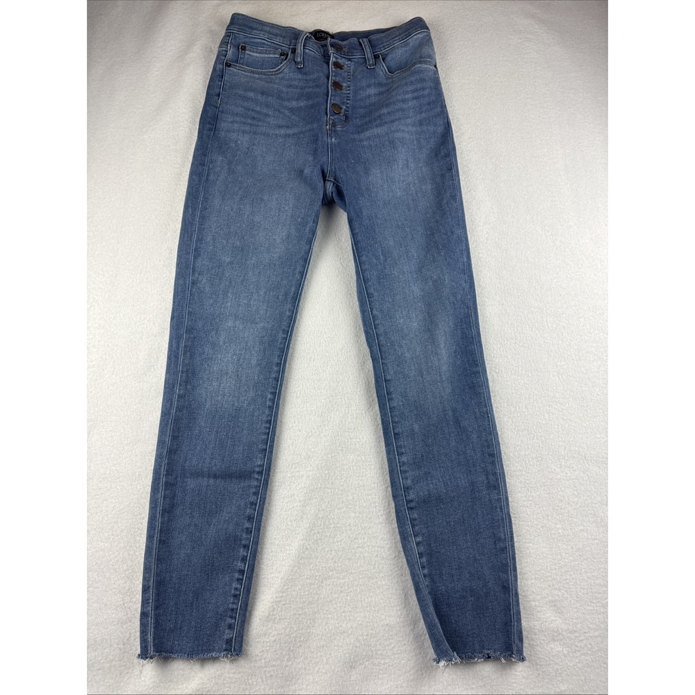 J Crew High Rise Skinny Button Fly Denim Blue Jeans Frayed Bottom Women's 27